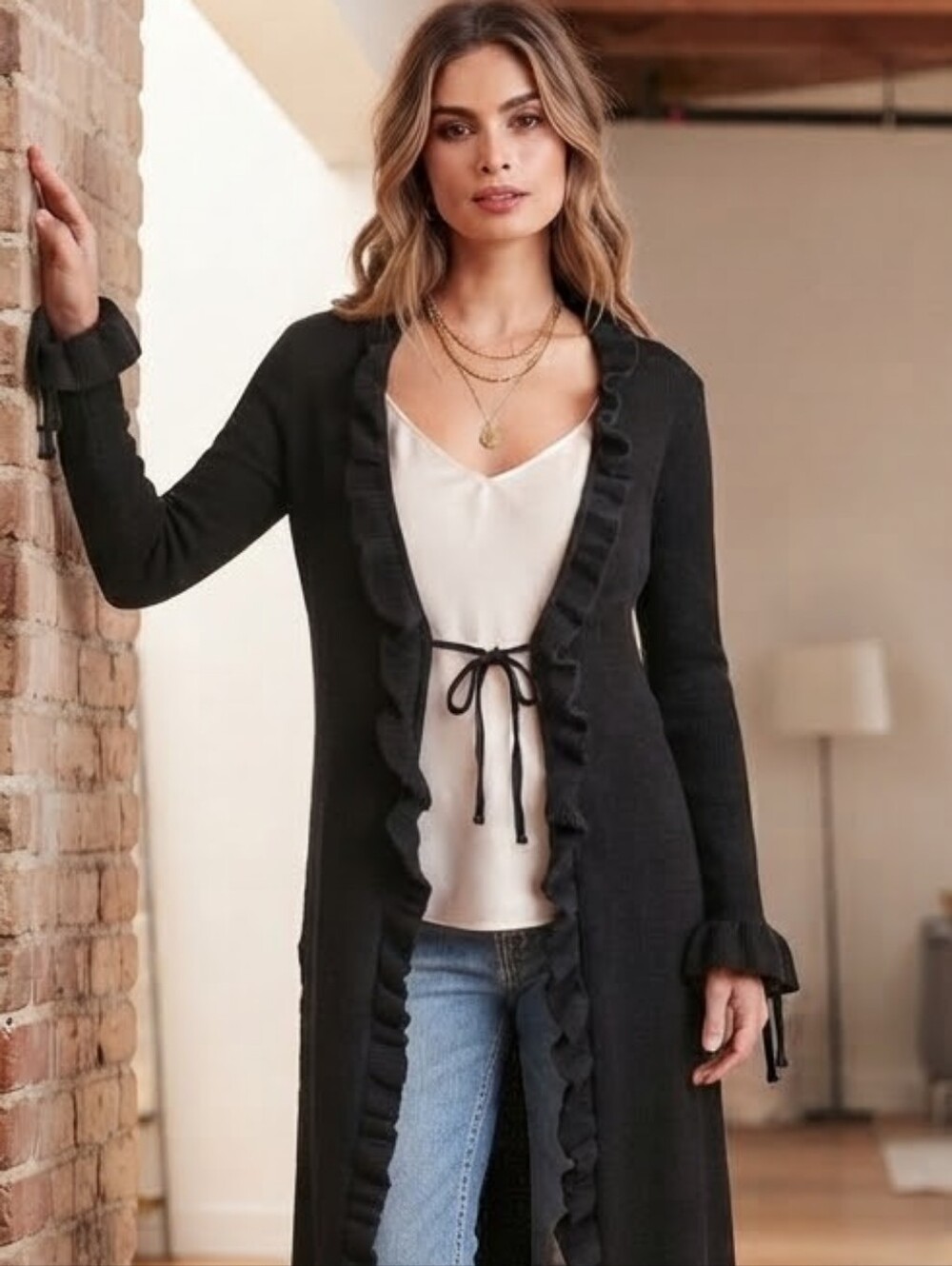 Tristan Vintage Y2K Wool Ruffle Tie Knit M Long Open Cardigan Sweater Black Coat